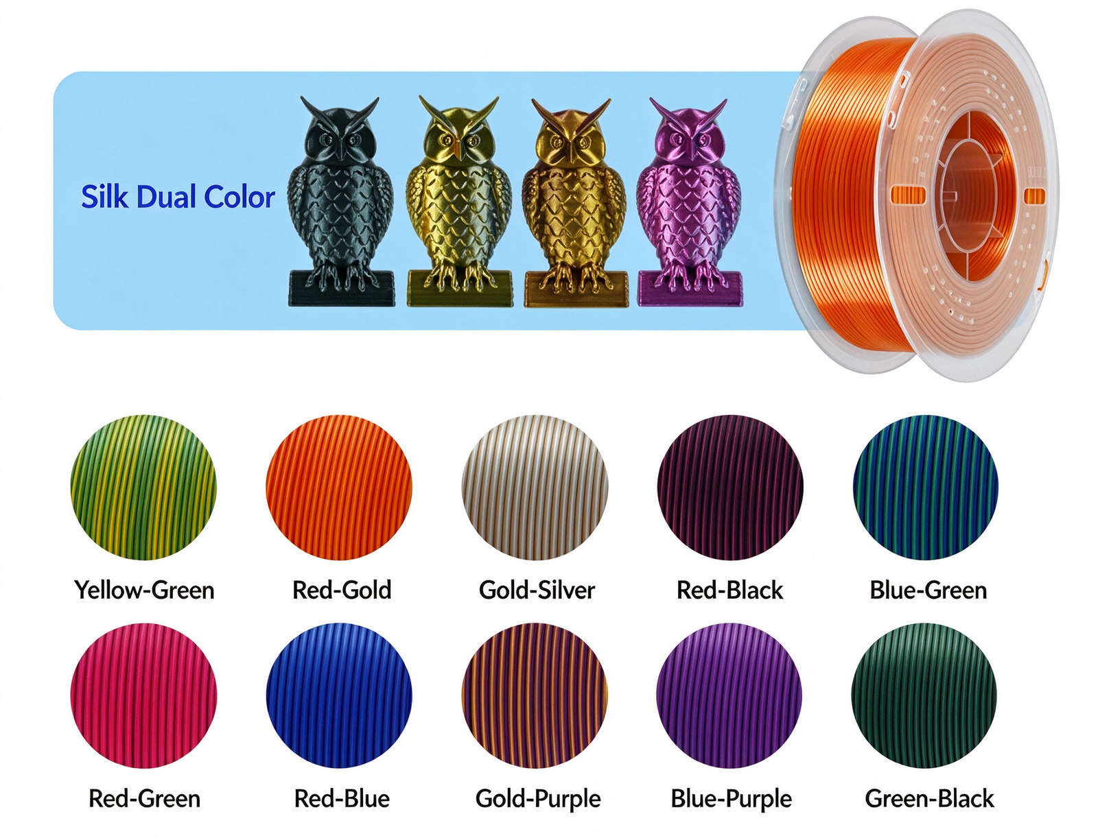 PLA Silk Dual Color Filament 1.75mm 1kg/spool